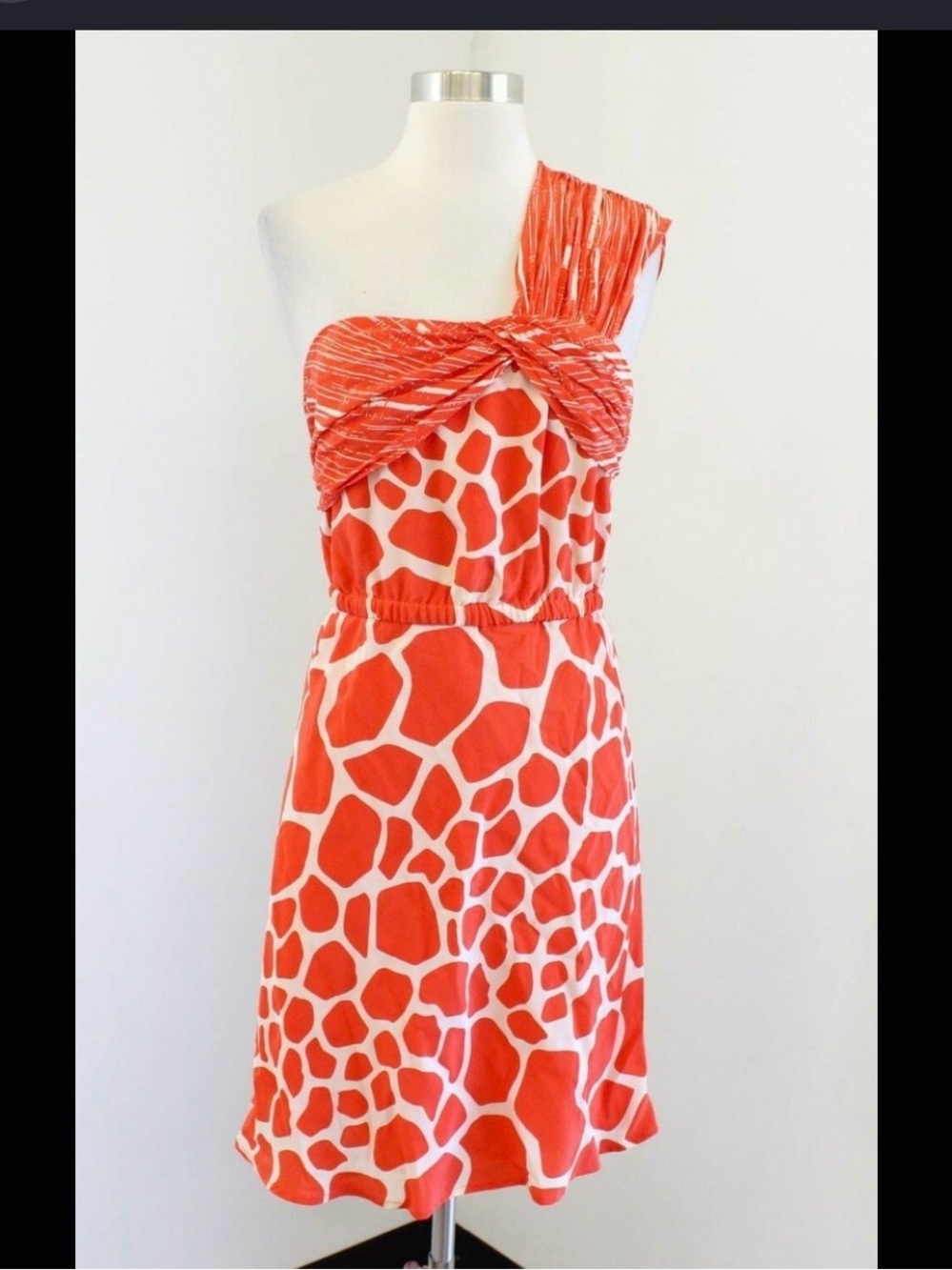 Orange  One-Shoulder Silk Giraffe Print Dress